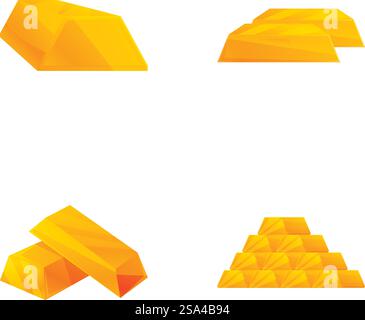 Vector illustrations of stylized gold bars and pyramids in gradient shades. Golden bars and pyramids set Stock Vector