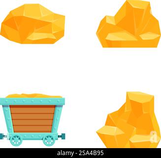 Mining concept icons set cartoon vector. Cart full of gold nugget. Goldmine. Mining concept icons set cartoon vector. Cart full of gold nugget Stock Vector