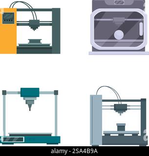 Collection of four colorful 3d printer icons, showcasing different models in a clean, flat design style. Set of 3d printer icons in flat design Stock Vector