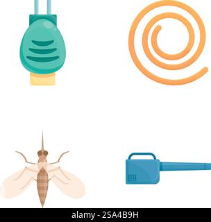 Vector icons depicting tools used in pest control including insecticide, hose, moth, and sprayer. Set of pest control equipment icons Stock Vector
