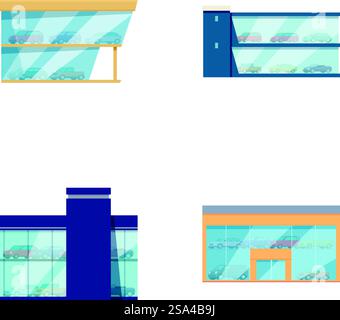 Modern commercial building set with vector illustrations of contemporary architecture. Office premises. Retail storefronts. And corporate spaces in a detailed cityscape. Vector illustrations of four contemporary commercial buildings with varied designs Stock Vector