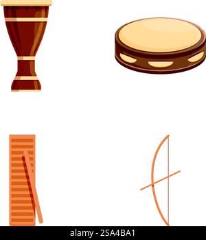 Collection of four cartoonstyle traditional musical instruments including a drum and a bow. Set of traditional musical instruments icons Stock Vector