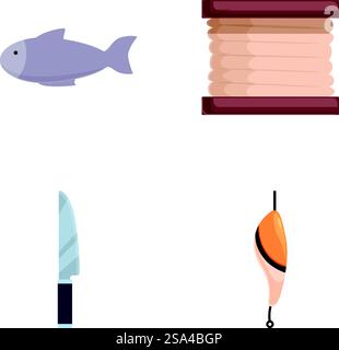 Collection of four fishing related icons, fish, tackle, knife, and bobber. Fishing equipment and accessories set Stock Vector