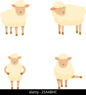 Collection of four adorable cartoon sheep in various poses, perfect for children&rsquo;s designs. Set of cute cartoon sheep illustrations Stock Vector