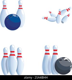 Collection of bowling pins and ball in various arrangements, perfect for leisure and sports designs. Bowling pins and ball vector set Stock Vector