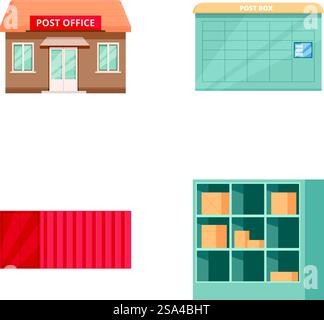 Set of four flat design postal icons featuring post office, post box, package, and mail slots. Vector icons of postal services elements Stock Vector