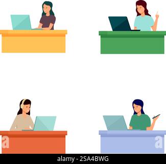 Illustrations featuring four women engaged in various tasks at work desks with laptops. Set of women at workstations using laptops Stock Vector