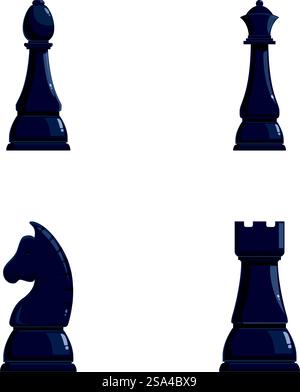 Vector illustration of black chess pieces including pawn, knight, bishop, and rook. Chess pieces set isolated on white Stock Vector