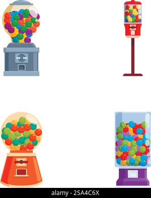 Set of four vibrant gumball dispenser illustrations, isolated on a white background. Variety of colorful gumball machines set Stock Vector