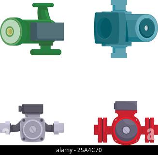 Four distinct styles of industrial valves illustrated on separate backgrounds. Set of various industrial valves icons Stock Vector