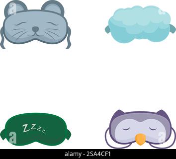 Collection of cute illustrated sleep masks in various colors and animal designs. Assorted cartoon sleep masks set Stock Vector