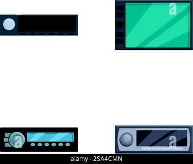 Vector collection of various car radio and multimedia system interfaces isolated on white. Set of modern digital car radios Stock Vector