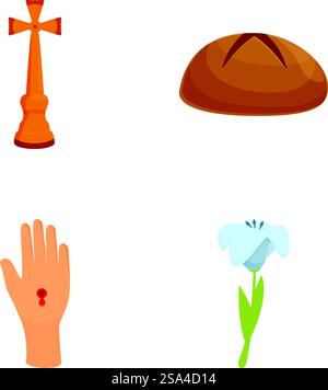 Set of four diverse religious icons including a cross, bread, hand with stigmata, and a flower. Religious symbols and icons collection Stock Vector