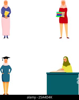 Illustration of women in different educational roles, including student, teacher, and graduate. Diverse set of female education professionals and students Stock Vector
