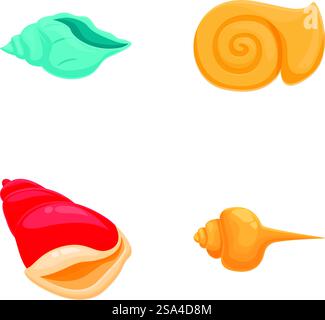 Vibrant and colorful cartoon sea shell collection with marine and oceanic design elements on a white background set of isolated seashell graphics and icons for beach and nature summer theme illustra. Set of colorful cartoon seashells isolated on white background Stock Vector