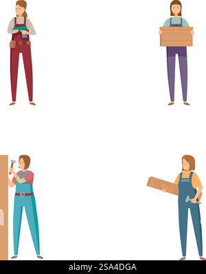 Colorful illustration depicting individuals in various work roles, including manual and skilled labor. Set of diverse workers engaged in different occupations Stock Vector