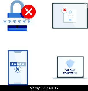Collection of four vector icons depicting denied access for digital security. Digital security access denied icons set Stock Vector