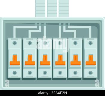 Electrical panel is distributing electricity through six circuit breakers, ensuring safety and control over the flow of power. Electrical panel with six circuit breakers controlling power supply Stock Vector