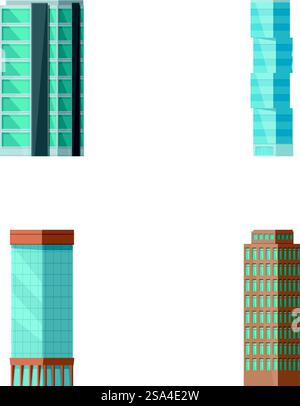 Collection of four cartoonstyle skyscraper illustrations, perfect for urban landscape designs. Set of modern skyscraper buildings isolated on white Stock Vector