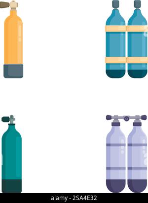 Collection of four different types of gas cylinders in a flat design isolated on white background. Set of gas cylinder vector icons Stock Vector