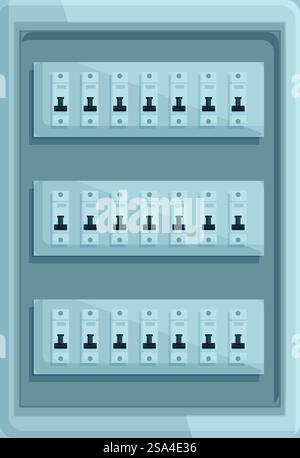 Electrical panel featuring rows of circuit breakers, ensuring safe and reliable power distribution in a residential setting. Electrical panel with multiple circuit breakers controlling power supply in a residential building Stock Vector