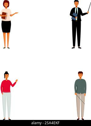 Four isolated cartoon illustrations of professionals with different poses on white background. Diverse group of professional people standing Stock Vector
