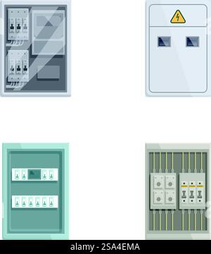 Illustration of various electrical panels and switchboards for different uses. Set of electrical panels and switches Stock Vector