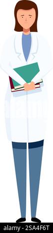 Female doctor wearing white coat holding medical books illustration. Female doctor is standing holding her medical textbooks Stock Vector