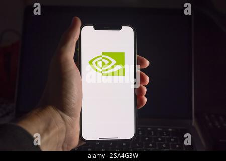 Slovenia, Ljubljana - 28 Jan 2025: Nvidia logo displayed on smartphone screen Stock Photo