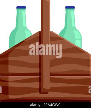 Two glass bottles standing in a wooden caddy, ready to be carried to a party. Wooden beer caddy carrying two glass bottles full of fresh cold beer Stock Vector