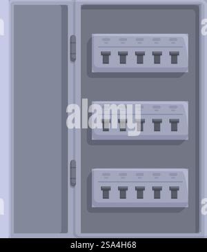 Grey metallic electrical switchboard containing circuit breakers is used to control and distribute electrical energy. Electrical switchboard with circuit breakers controlling power supply in industrial building Stock Vector