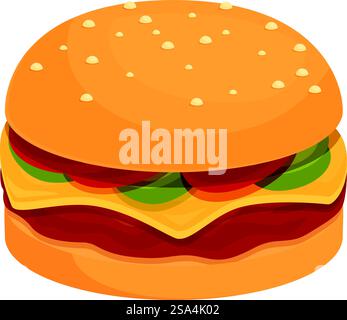 Delicious burger with lettuce, tomato, cheese and sesame seeds on a bun is waiting to be eaten. Mouthwatering burger with melted cheese and fresh toppings on a toasted bun Stock Vector