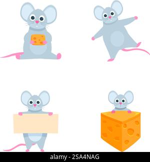 Adorable collection of cute cartoon mice illustrations with playful poses and funny expressions. Featuring charming rodent characters with whiskers. Ears. And tails. Set of four adorable cartoon mice in various poses on a white background Stock Vector