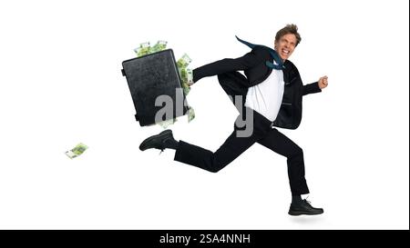 Excited man with roguish grin running away fast carrying a briefcase overstuffed with euro cash, a fun concept for money, success, winning or wealth Stock Photo