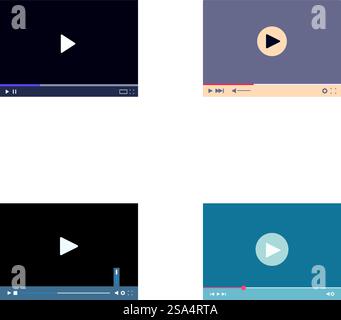 Collection of four flat design video player templates for web and apps. Set of modern video player interfaces Stock Vector