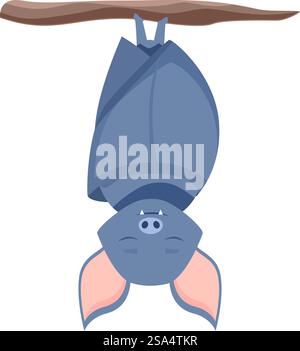 Cartoon grey bat sleeping upside down on a tree branch. Cute grey bat hanging upside down on a tree branch Stock Vector