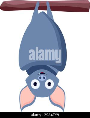 Cartoon bat hanging upside down on a tree branch smiling happily. Cute cartoon bat hanging upside down on a tree branch Stock Vector