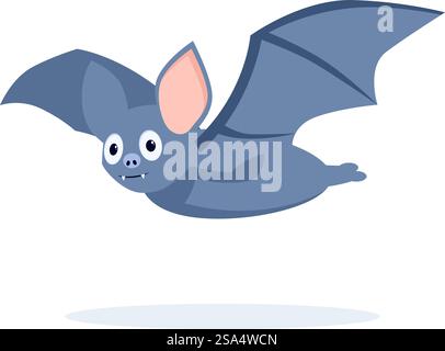 Cartoon bat with big eyes and a smile flying in the air. Cute grey bat spreading his wings and flying Stock Vector