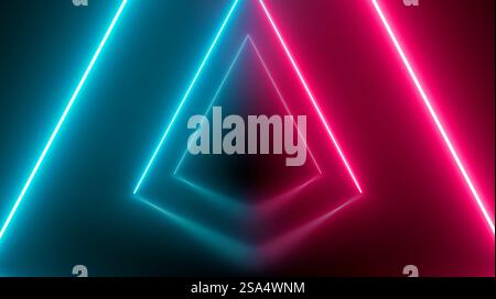 Neon lights spinning in triangle tunnel on black. Looping background used for inspirational video projects, presentations, reports, commercials, socia Stock Photo