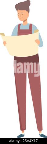 Young female engineer is carefully examining a blueprint, her focused expression reflecting her dedication to the project. Young female engineer holding blueprint, project manager analyzing plan, construction worker studying draft Stock Vector