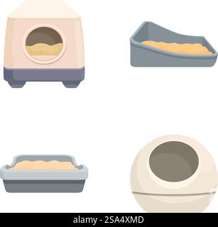 Vector illustration set of various cat litter boxes with sand, isolated on white. Assorted cat litter boxes set Stock Vector