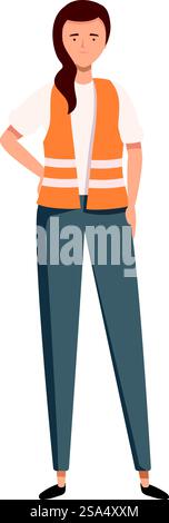 Young female engineer wearing orange safety vest standing with hand on hip. Confident young female engineer is posing in her safety vest Stock Vector