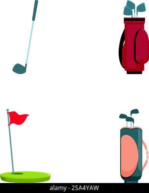 Collection of simple and stylish golf equipment icons set in flat design, perfect for illustrating a professional golfer&rsquo;s gear and accessories. Collection of golfthemed vector icons, including clubs, bag, and flag Stock Vector