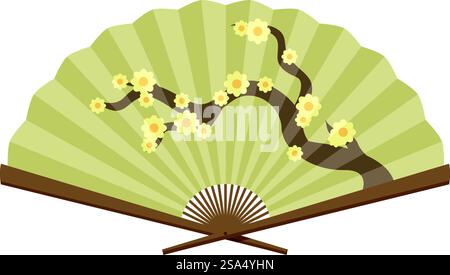 Elegant japanese fan featuring a delicate cherry blossom branch, symbolizing beauty and ephemerality in japanese culture. Traditional japanese fan decorated with cherry blossom branch spreading gracefully Stock Vector