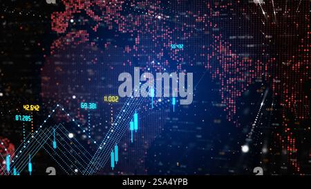 Trading chart showing numbers increase and decrease on different globe areas. Financial market, investment, economy analyzing concept. Stock Photo