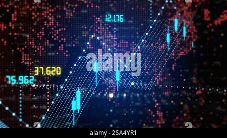 Trading chart showing numbers increase and decrease on different globe areas. Financial market, investment, economy analyzing concept. Stock Photo