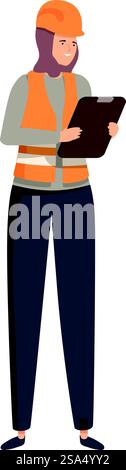 Smiling muslim woman architect or engineer wearing a safety vest and helmet holding a clipboard. Smiling muslim female construction engineer holding a clipboard and taking notes Stock Vector