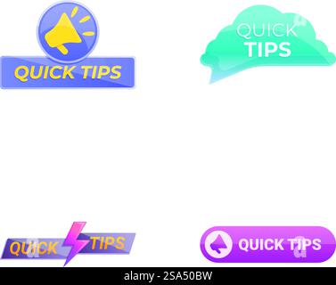Top tips icons set cartoon vector. Quick tips badge, emblem, label and sticker. Helpful advice, solution. Top tips icons set cartoon vector. Quick tips badge emblem label and sticker Stock Vector