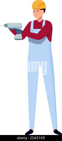 Construction worker is holding an electric drill, prepared for a day of work on a construction site. Construction worker holding electric drill wearing hard hat and safety gear Stock Vector