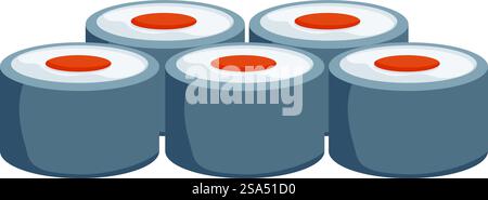 Five nigiri sushi pieces, each topped with a slice of fresh salmon, are arranged side by side. Five nigiri sushi pieces with salmon filling on top are lying next to each other Stock Vector